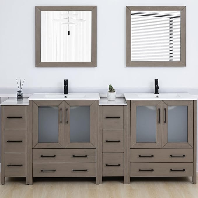 Vanity Art 84 Inch Under Mount Double Sink Bathroom Vanity Cabinet with 2 Mirrors, Ceramic Top Bathroom Cabinet Compact Set with 10 Dovetail Storage Drawers and Matte Black Handles, VA3030-84-DG