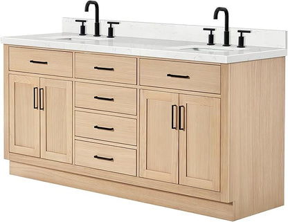ARIEL Hepburn 72-inch Bathroom Vanity with Sink,Solid Wood, 1.5-inch Carrara White Quartz Countertop, Double Rectangular Porcelain Sink, 4 Soft Closing Doors, 6 Dovetail Drawers, White Oak
