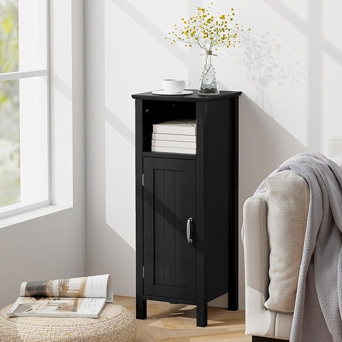 Tangkula Bathroom Floor Storage Cabinet With Anti-Tipping Device, 3-Height Adjustable Shelf, Wood Freestanding Side Cabinet for Home Office, 12 x 12 x 31.5 Inches (Black)