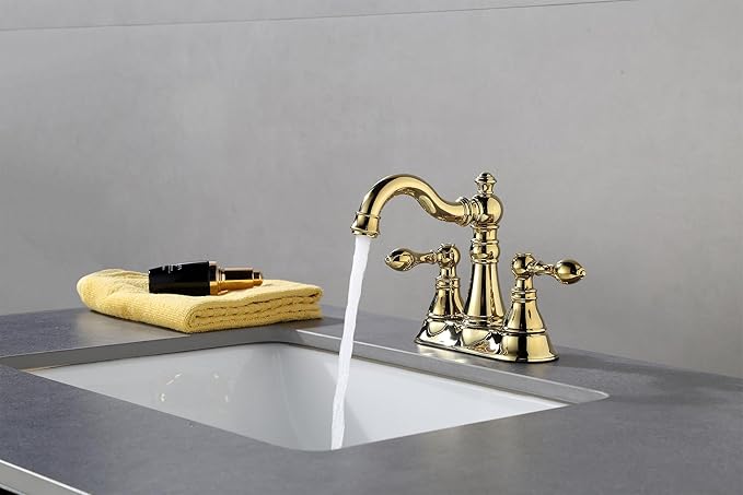 Two Handle Polished Brass Bathroom Faucet 3 Hole with Pop up Drain Assembly, Classic 4 Inch Centerset Lavatory Faucet with 360° Swivel Spout,F-0048-PB