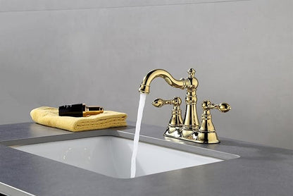 Two Handle Polished Brass Bathroom Faucet 3 Hole with Pop up Drain Assembly, Classic 4 Inch Centerset Lavatory Faucet with 360° Swivel Spout,F-0048-PB