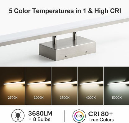 mirrea 24in 5CCT Brushed Nickel LED Vanity Lights for Bathroom Over Mirror | 5 color temperatures,Adjustable light angle,ETL listed,Dimmable,Bathroom lighting fixtures,Eye-friendly,Frosted acrylic shade