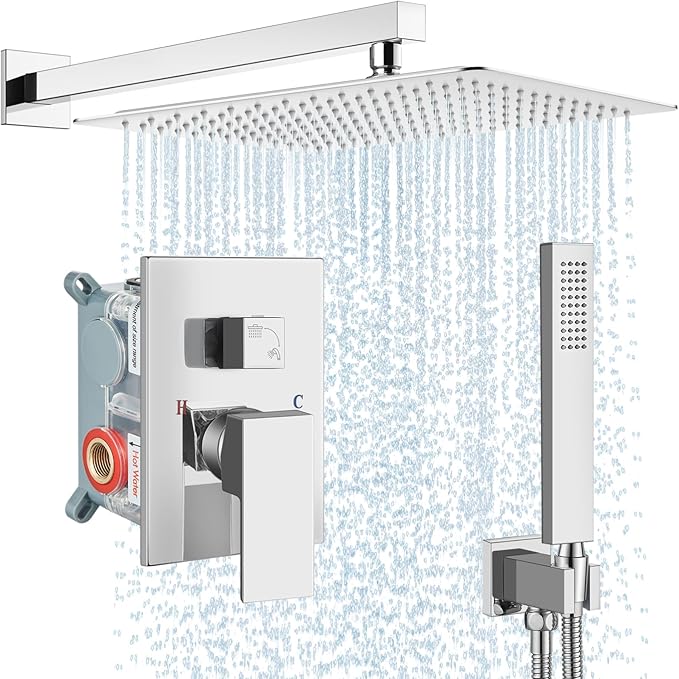 Midanya Shower Faucet Set,Wall Mount Shower System with Square Rain Shower Head and Hand Sprayer, Rough-in Valve Body and Trim Kit Included,16 Inch,Polish Chrome