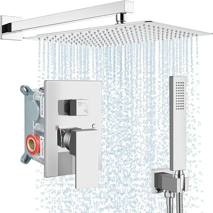 Midanya Shower Faucet Set,Wall Mount Shower System with Square Rain Shower Head and Hand Sprayer, Rough-in Valve Body and Trim Kit Included,16 Inch,Polish Chrome