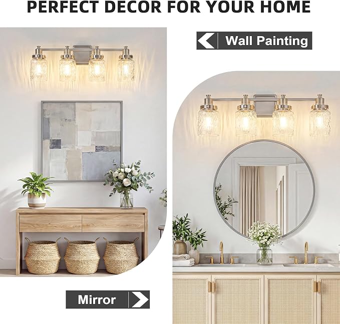 4 Light Bathroom Vanity Light Fixtures Modern Brushed Nickel | ETL Certificate, Easy to Install,Wall Mount Up or Down,Hammered Glass Lampshade,E26 Socket,Hardwired,120V