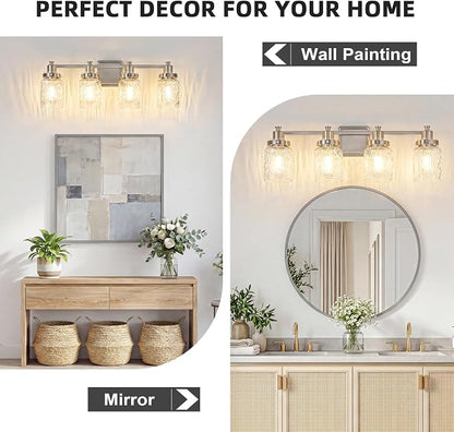 4 Light Bathroom Vanity Light Fixtures Modern Brushed Nickel | ETL Certificate, Easy to Install,Wall Mount Up or Down,Hammered Glass Lampshade,E26 Socket,Hardwired,120V