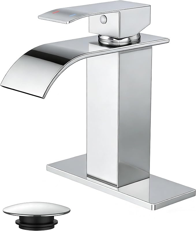 FORIOUS Bathroom Faucet 1 Hole, Waterfall Vanity Sink Faucet Chrome | Bathroom Sink Faucet 1 or 3 Hole, Square Single Handle with 24" cUPC Supply Line and Pop-up Drain, Fits RV Restroom Basin