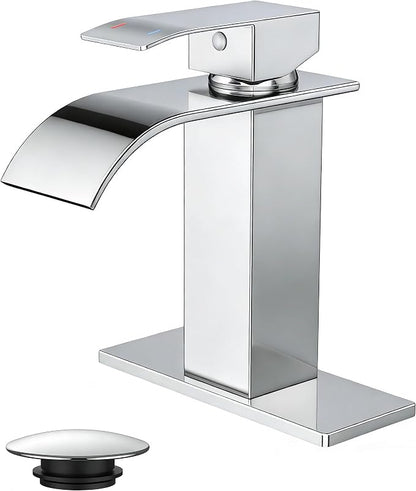 FORIOUS Bathroom Faucet 1 Hole, Waterfall Vanity Sink Faucet Chrome | Bathroom Sink Faucet 1 or 3 Hole, Square Single Handle with 24" cUPC Supply Line and Pop-up Drain, Fits RV Restroom Basin