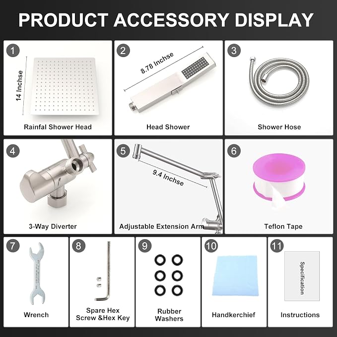 All Metal 12 Inch Rain Shower Head with Handheld Spray Combo, High Pressure Waterfall Rainfall Square Shower Heads with 16" Adjustable Extension Arm, Dual Showerhead with 3-Way Diverter,Brushed Nickel