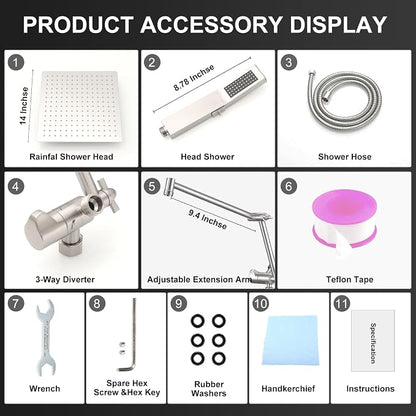 All Metal 12 Inch Rain Shower Head with Handheld Spray Combo, High Pressure Waterfall Rainfall Square Shower Heads with 16" Adjustable Extension Arm, Dual Showerhead with 3-Way Diverter,Brushed Nickel
