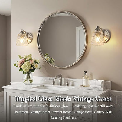 Mecgirn Stainless Steel Bathroom Vanity Light Over Mirror, 1 Light Brushed Nickel Bathroom Light Fixtures with Textured Glass Shades, Modern Vanity Lighting Wall Mount