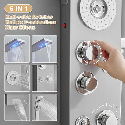 6 in 1 Shower Panel Tower System, Rainfall Shower Tower Systems w/LED and Digital Display Stainless Steel Shower Panels with Waterfall Tub Spout Massage Jets Handheld Head Nickel and Chrome