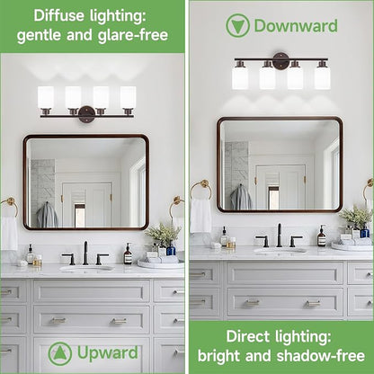 4-Light Bathroom Light Fixtures, E26 Oil-Rubbed Bronze Gold Vanity Lights for Mirror with Textured Milky White Glass Shade, Modern Kitchen Light Fixtures Wall Sconce Light