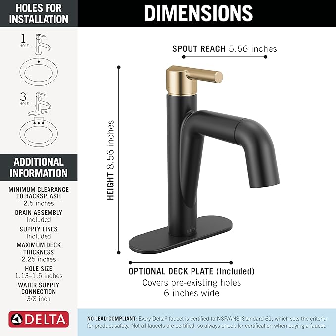 Delta Faucet Nicoli Pull-Down Single Hole Bathroom Faucet, Black and Gold Bathroom Sink Faucet with Pull Out Sprayer, Matte Black/Champagne Bronze 15849LF-GZPD