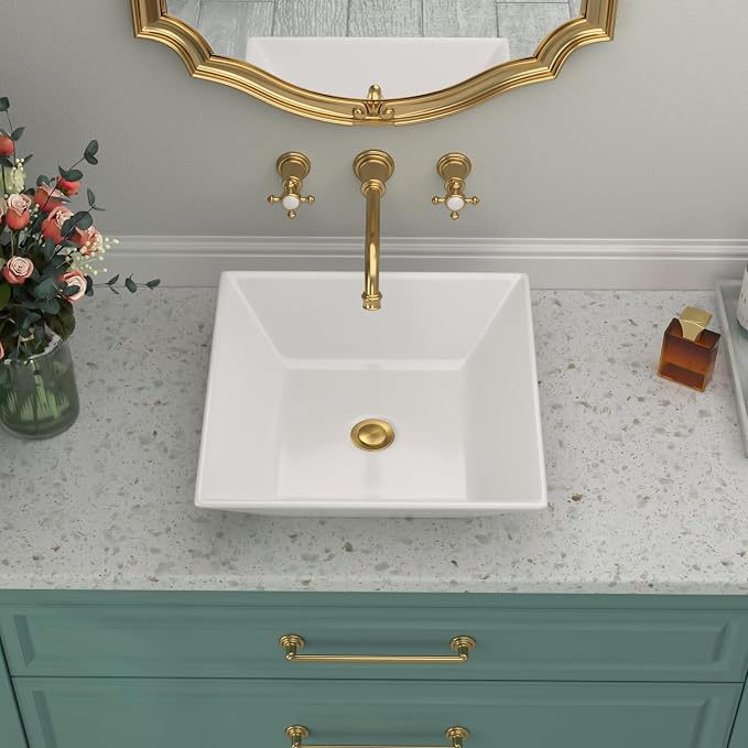 Square Bathroom Vessel Sink | Beslend 16"x16" Inch White Ceramic Porcelain Sink Above Counter Art Sink Basin