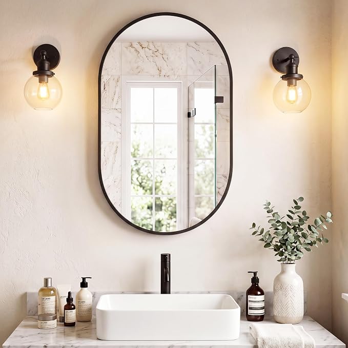Sweetcrispy Oval Bathroom Wall Mirror, Vanity Mirror, 20x30 Inch | Metal Frame Tempered Glass, Over Sink Living Room, Bedroom Entryway Hang, Horizontal or Vertical, Black