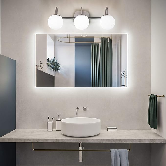 Brushed Nickel Bathroom Vanity Light Fixtures 3 Lights Milk White Glass Globe Shade Modern Wall Sconce Lighting Bath Vanity Lights Bar Over Mirror (Exclude G9 Bulb)