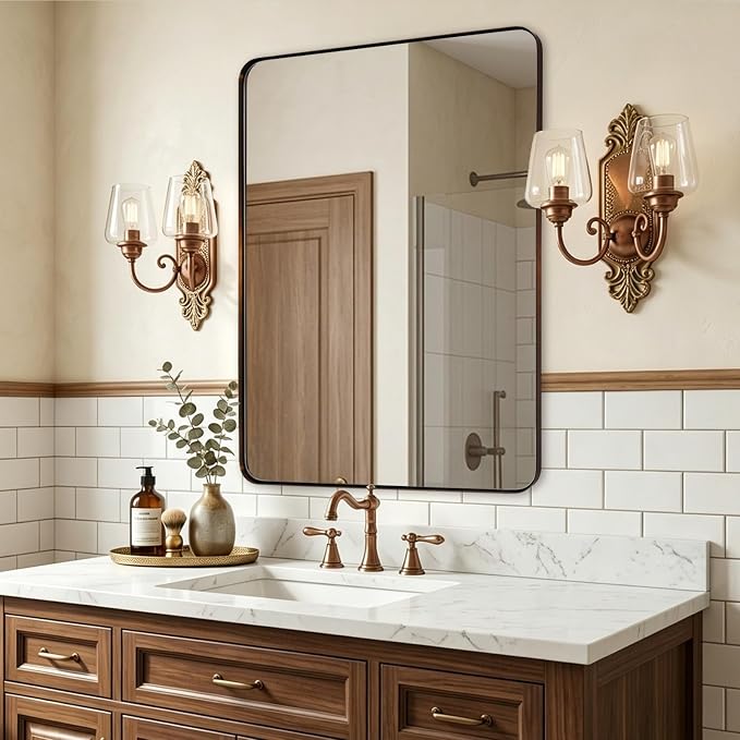 Bronze Mirror for Wall, 30x36” Rounded Rectangle Bathroom Mirror, Modern Stainless Steel Metal Frame for Vanity
