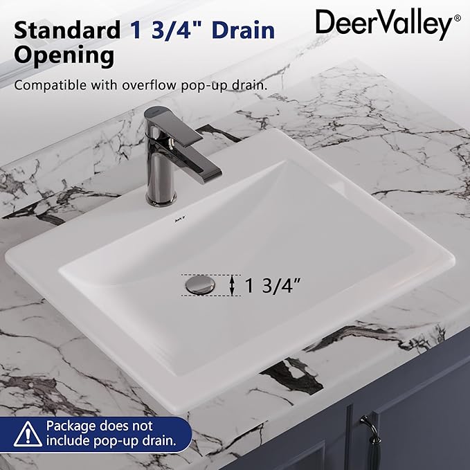 DeerValley 21"x18" Drop-In Bathroom Sink Ceramic Rectangle Vessel Sink with Overflow Vanity Bathroom Vessel Sink Bowl