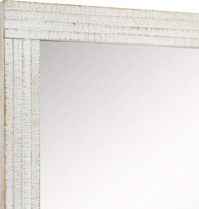 Stonebriar 24" x 18" Rectangle Worn White Wood Frame Wall Mirror with Attached Hanging Brackets, Decorative Country Rustic Decor for the Living Room, Bedroom, Bathroom, Hallway, and Entryway