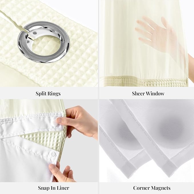 River Dream Cotton Blend Fabric Shower Curtain Set with Liner, Cream, 54x80 | Waffle Weave, No Hook Needed, with Snap in Replacement Liner, Top Sheer Window, Hotel Quality Fabric for Bathroom