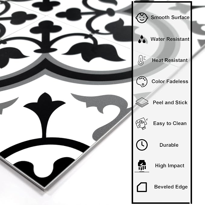 The Tiles Plaza Encaustic Peel and Stick Backsplash, Grey and White Patterned Vintage Stick on Tiles, Stone Composite Self-Adhesive Wall Tile Sticker for Kitchen Bathroom Fireplace Stairs, 10 Sheets