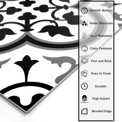 The Tiles Plaza Encaustic Peel and Stick Backsplash, Grey and White Patterned Vintage Stick on Tiles, Stone Composite Self-Adhesive Wall Tile Sticker for Kitchen Bathroom Fireplace Stairs, 10 Sheets
