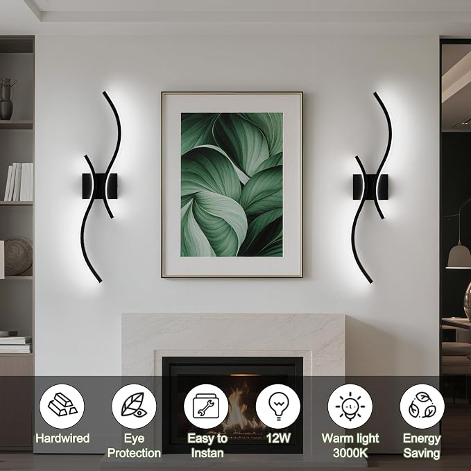 CANEOE Modern LED Wall Sconce Set of Two, 6000K Warm White Led Wall Light Fixture, 31.5inch Black Modern Sconces Wall Lighting for Bedroom, Living Room, Hallway, Staircase, Bathroom