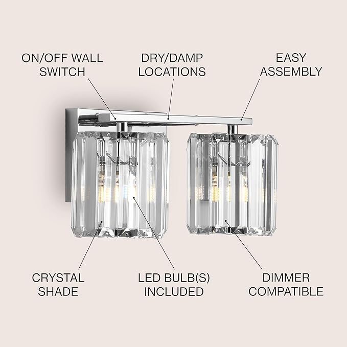 JONATHAN Y 4.75" Chrome 2-Light Vintage Glam LED Vanity Light Wall Sconce Fixture with Clear Crystal Prism Shade, Hardwired Wall Lamp for Bathroom Mirror Hallway, LED Bulb Included (JYL3553A)