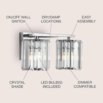 JONATHAN Y 4.75" Chrome 2-Light Vintage Glam LED Vanity Light Wall Sconce Fixture with Clear Crystal Prism Shade, Hardwired Wall Lamp for Bathroom Mirror Hallway, LED Bulb Included (JYL3553A)