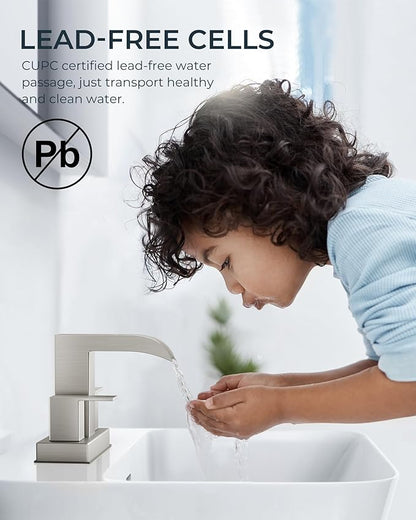 FORIOUS Brushed Nickel Bathroom Faucets for 2 Hole or 3 Hole, Waterfall 4 Inch Centerset Bathroom Sink Faucet with Metal Pop-up Drain and Supply Lines, Two Handles for Vanity, Basin