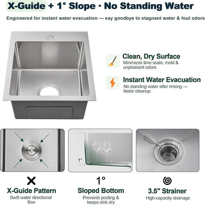 15 inch Bar Sink Drop in, 304 Stainless Steel Sink Single Bowl, 15"x17"x8" Small Sink Topmount for Wet Bar, Prep, RV, Apartment and Tiny Homes, Brushed