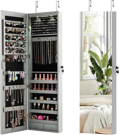 Moccha Wall Door Jewelry Armoire, 47.5" H Full Length Mirrored Jewelry Cabinet with 2 LED Lights and 2 Drawers, Lockable Jewelry Cabinet, Jewelry Organizer Storage for Bedroom (Grey)