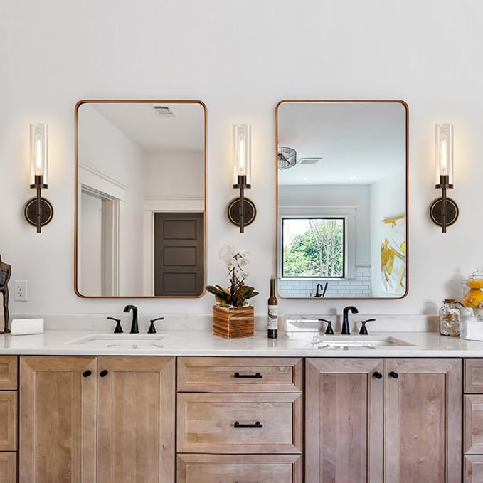 MOKATNG Wall Sconces Set of Two, Oil-Rubbed Bronze Bathroom Sconces with Clear Glass, Hardwired Sconces Wall Decor Set of 2, Modern Wall Light Fixtures for Bathroom Mirror Living Room Bedroom Hallway