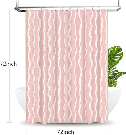 Tititex Cute Curvy Wavy Lines 140gsm Faux Linen Fabric Shower Curtain, Elegant Beige Pink Wave Striped Shower Curtain Sets Decoration 72x72 Inch with Hooks