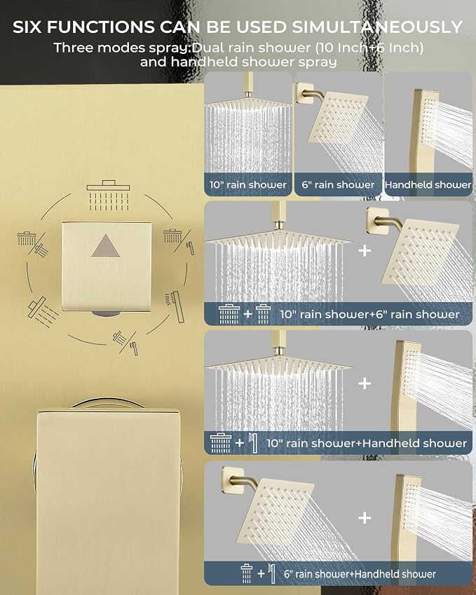 Rain Shower Faucet Set, 10" Top + 6" Side Head, Brushed Gold | 3-head set w/ valve, SUS304 anti-freeze, 6 spray modes, self-clean nozzles
