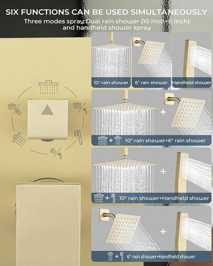 Rain Shower Faucet Set, 10" Top + 6" Side Head, Brushed Gold | 3-head set w/ valve, SUS304 anti-freeze, 6 spray modes, self-clean nozzles