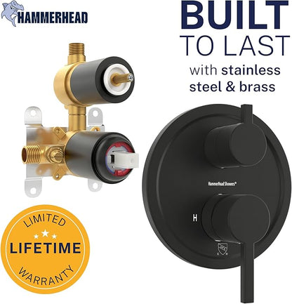 HammerHead Showers Solid Metal Two Handle Shower Valve and Trim Kit Matte Black, Diverts Water, Controls Volume and Temperature, Rough-In Shower Trim Kit with Valve and Pressure Balance Shower Valve
