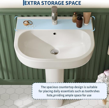 Pedestal Sink - 3 Hole Rectangular Porcelain Pedestal Sink Combo for Bathroom, 4-Inch Center Faucet Holes, White Color with Overflow and Backsplash