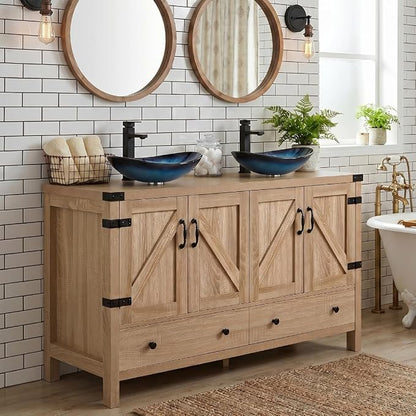 48 inch Natural Color Bathroom Vanity, Rustic Fixture Standing Pedestal Cabinet with Two Blue Boat Vessel Sinks