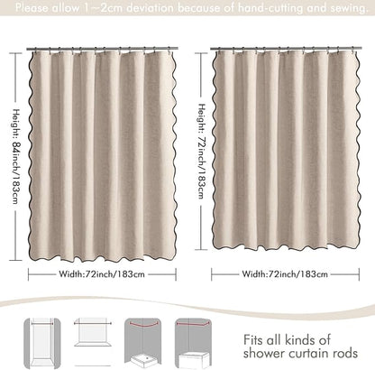 MIULEE 72"x84" Extra Long Scalloped Linen Shower Curtain Beige | Linen Textured, Waterproof, Washable, 12 Metal Hooks, Heavy Duty Cloth, Black Border, Shower Curtain for Bathroom Bathtub
