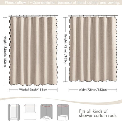 MIULEE 72"x84" Extra Long Scalloped Linen Shower Curtain Beige | Linen Textured, Waterproof, Washable, 12 Metal Hooks, Heavy Duty Cloth, Black Border, Shower Curtain for Bathroom Bathtub