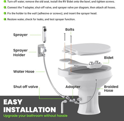 2-in-1 RV Bidet Attachment and Handheld Sprayer Combo for Camper Toilet, Non-Electric Dual Nozzle Toilet Bidet with Metal Spray Wand, Adjustable Pressure