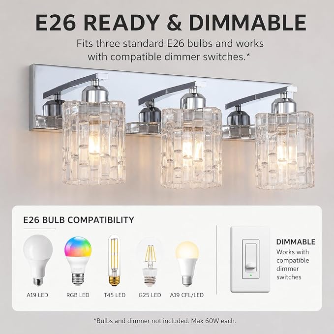 3-Light Crystal Vanity Light for Bathroom, Chrome Over Mirror Light Fixture, Modern Wall Mount for Living Room, Bedroom, Hallway