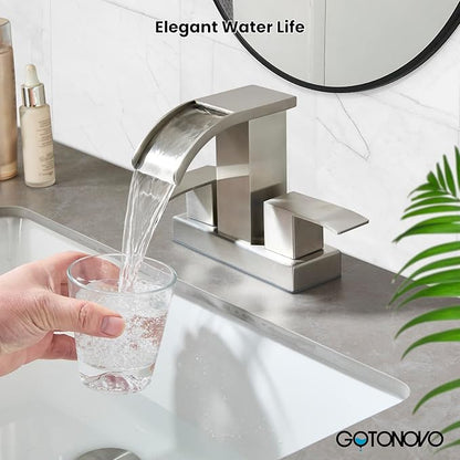 gotonovo Waterfall 4 Inch Centerset Bathroom Sink Faucet 2 Handle Basin Faucets 2 or 3 Hole Deck Mount with Pop Up Drain Included Lavatory Modern Mixer Tap Vanity Faucet Brushed Nickel