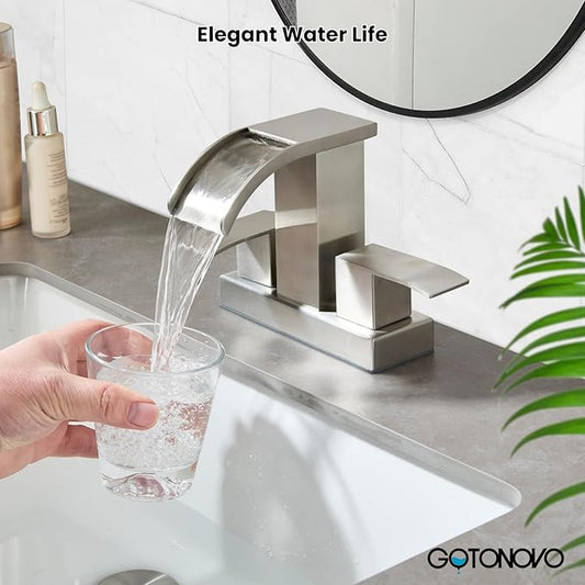 gotonovo Waterfall 4 Inch Centerset Bathroom Sink Faucet 2 Handle Basin Faucets 2 or 3 Hole Deck Mount with Pop Up Drain Included Lavatory Modern Mixer Tap Vanity Faucet Brushed Nickel