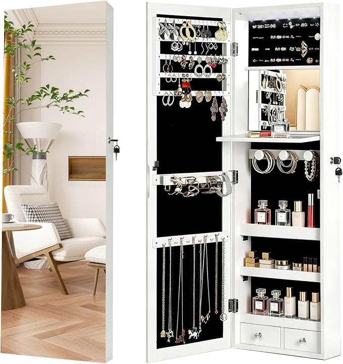 Lockable Jewelry Cabinet Organizer with Full Length Mirror, 6 Auto LED Lights, Wall & Over Door Mount Jewelry Armoire with Earring Slots, Necklace Hooks, Foldable Makeup Shelf