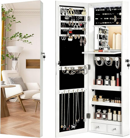 Lockable Jewelry Cabinet Organizer with Full Length Mirror, 6 Auto LED Lights, Wall & Over Door Mount Jewelry Armoire with Earring Slots, Necklace Hooks, Foldable Makeup Shelf