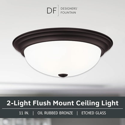 DESIGNERS FOUNTAIN Reedley 2-Lights Flush Mount Ceiling Light, 11 Inch Lighting Fixture for Kitchen, Bedroom, Bathroom, and Hallway, Oil Rubbed Bronze with Etched Glass, 1257S-ORB-W