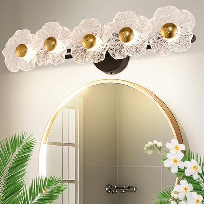 27" Bathroom Light Fixtures,Vanity Lights,Bathroom Vanity Light | 5 light,3CCT,Black Gold,LED,Daisy,Wall Sconces,Girly,Floral,Elegant,Fancy,for Restroom,Living Room,Bedroom,Mirror
